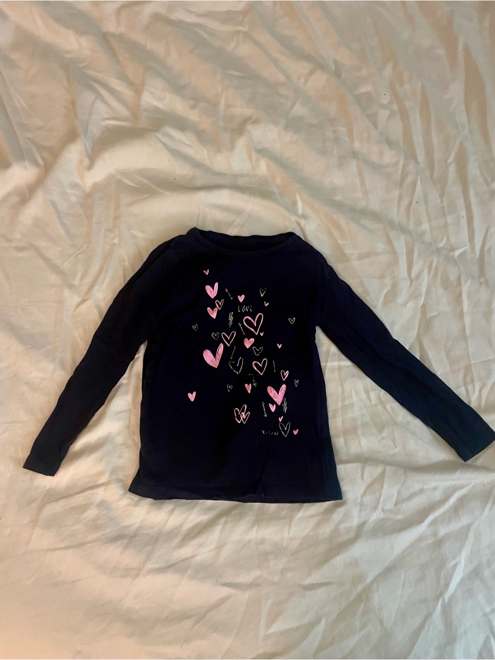 Girls Navy Long-Sleeve Tee with Pink Heart Graphic